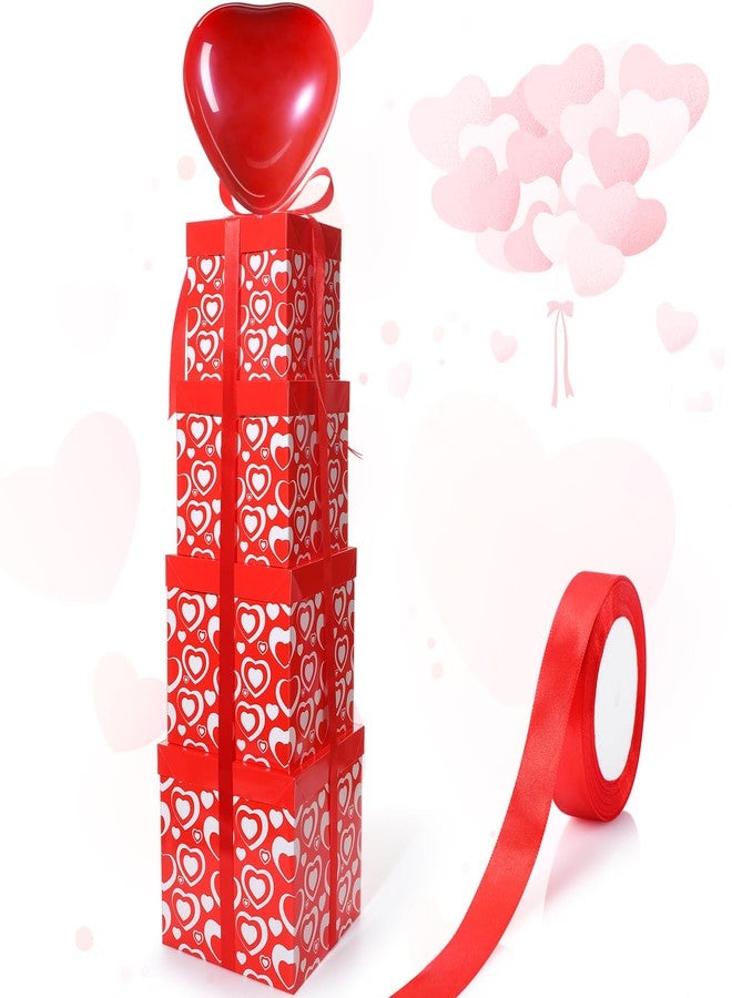 Funnymoom مجموعة فاني موم المكونة من 4 صناديق هدايا متداخلة مع أغطية، صناديق هدايا مربعة قابلة للتكديس مع بالون على شكل قلب، مثالية لهدايا عيد الحب، وتزيين حفلات أعياد الميلاد، وحفلات الزفاف، وحفلات الكريسماس. - Image 1